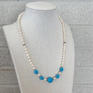 Sterling Silver 12mm Turquoise Bead Genuine 6.5mm Pearl & Diamond Bead Necklace
